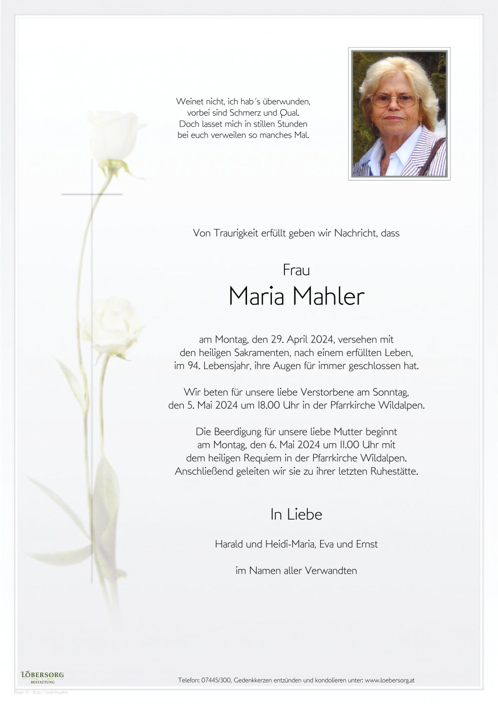 Maria Mahler († 29.04.2024) | Bestattungsinstitut Löbersorg in ...